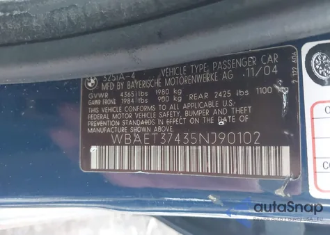 2005 BMW 325I z USA, uszkodzony, nr VIN WBAET37435NJ90102